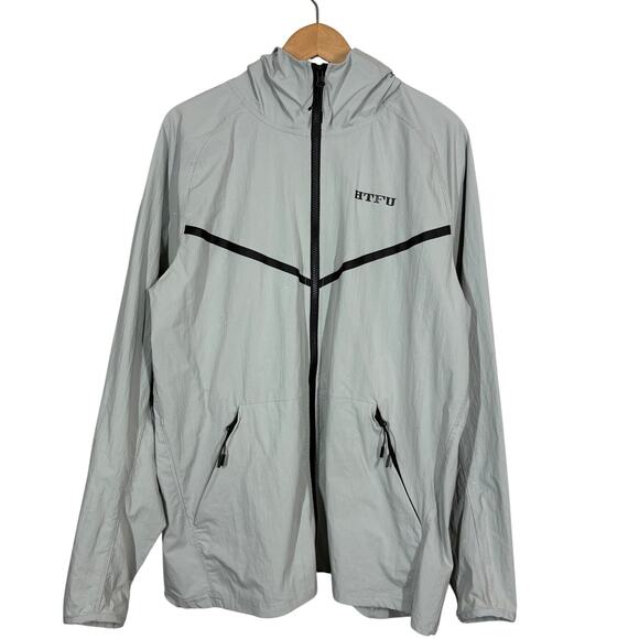 HTFU Track Jacket Full Zip Athletic Sport Silver Gray Pockets Hoodie Hood - XL - Picture 1 of 6